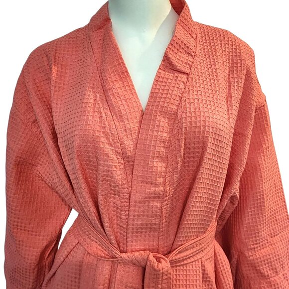 Chakir Turkish Linen Robe Short Lightweight Waffle Knit Bath Spa Kimono Salmon - Picture 2 of 7